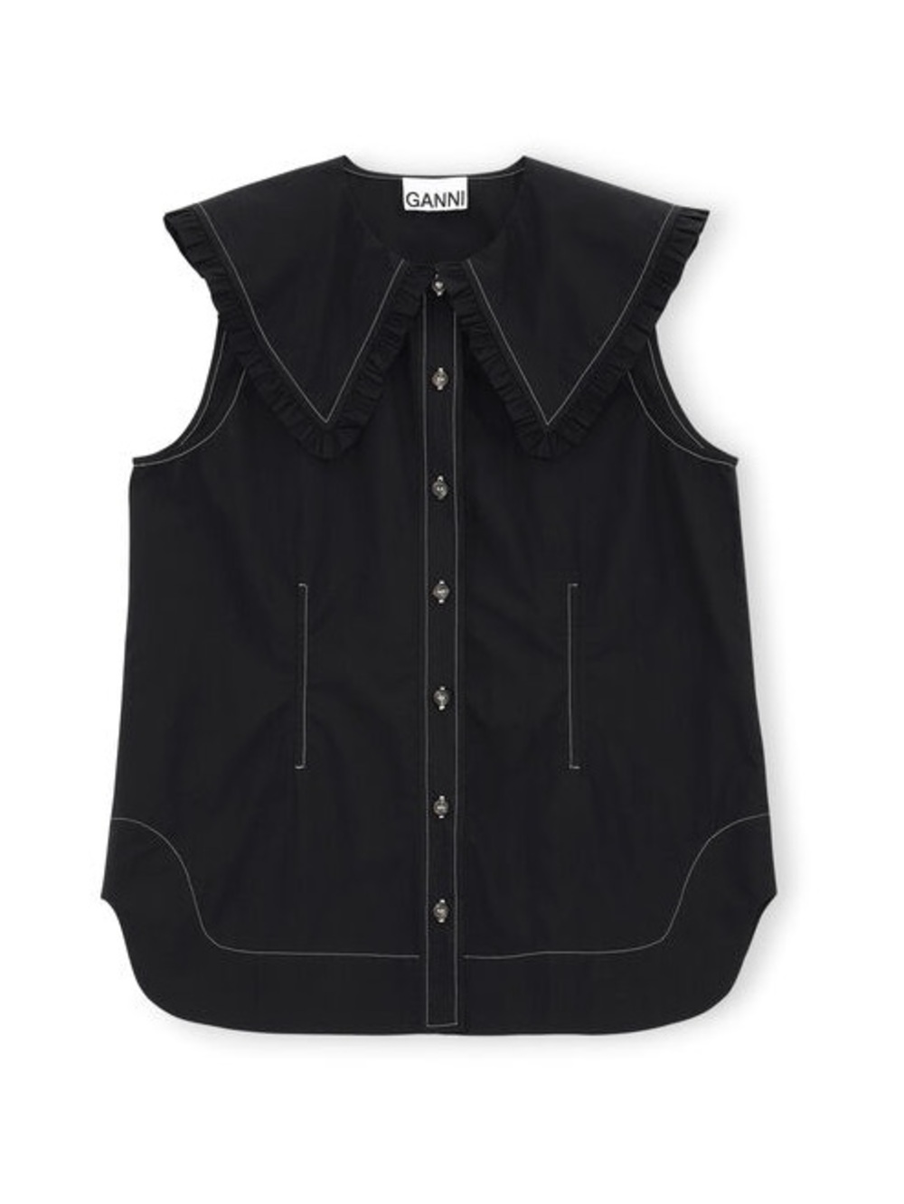 Ganni Black Ruffle Collar Button-Front Sleeveless Top